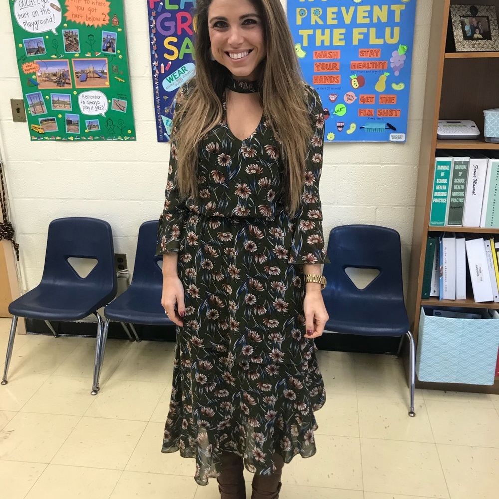 Green Floral Ruffle Midi Dress